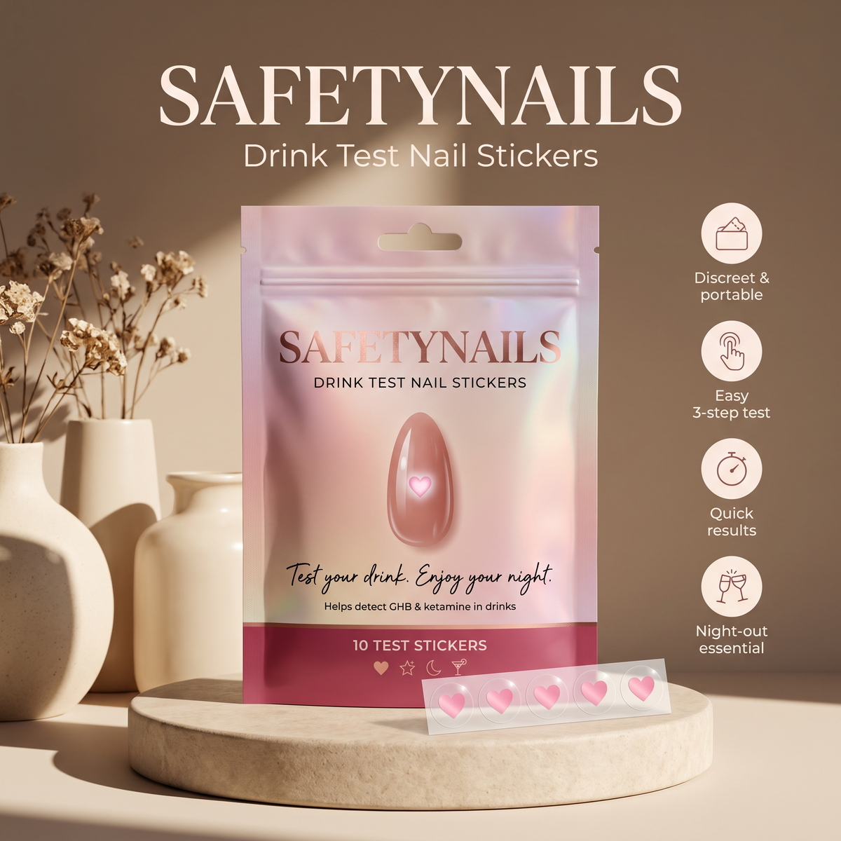 SafetyNails Drink Test Nail Stickers pouch